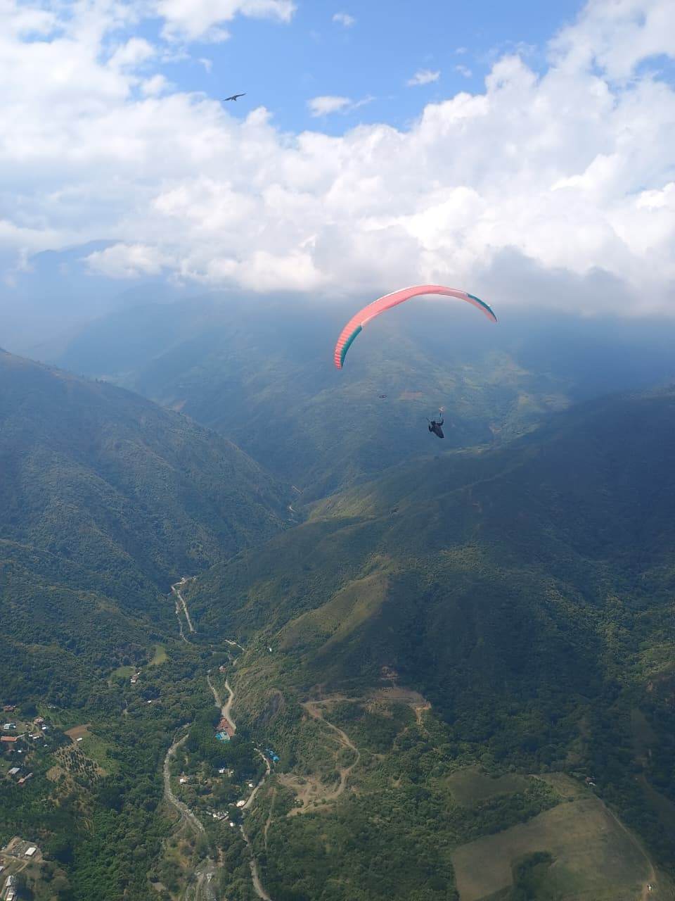 Paraglider soaring beside a condor over the Andes near Casa Guala